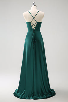 Dark Green A-Line Ruched Lace-Up Back Satin Long Bridesmaid Dress