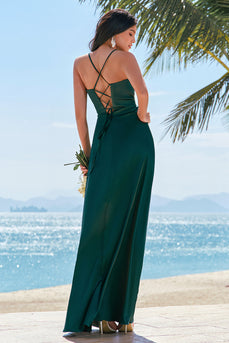 Dark Green A-Line Spaghetti Straps Ruched Lace-Up Back Satin Long Bridesmaid Dress