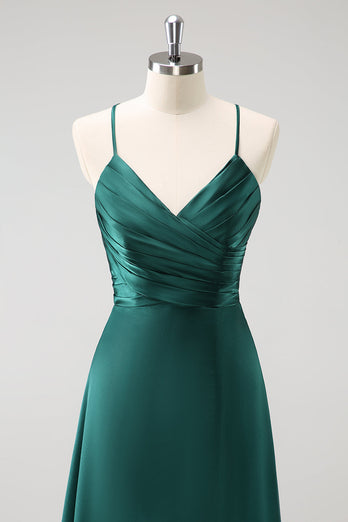 Dark Green A-Line Ruched Lace-Up Back Satin Long Bridesmaid Dress