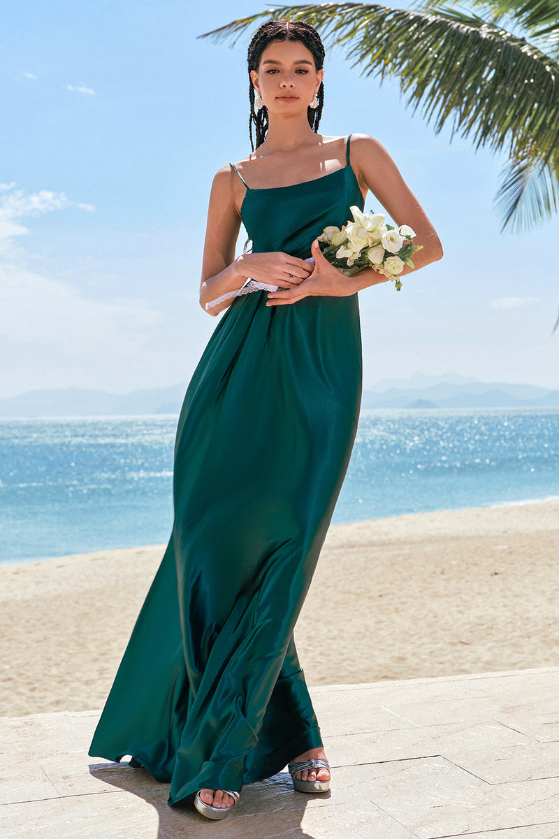 Load image into Gallery viewer, A-Line Dark Green Spaghetti Straps Satin Ruched Long Bridesmaid Dress