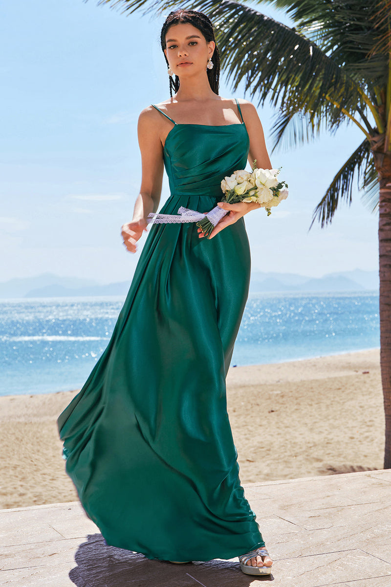 Load image into Gallery viewer, A-Line Dark Green Spaghetti Straps Satin Ruched Long Bridesmaid Dress