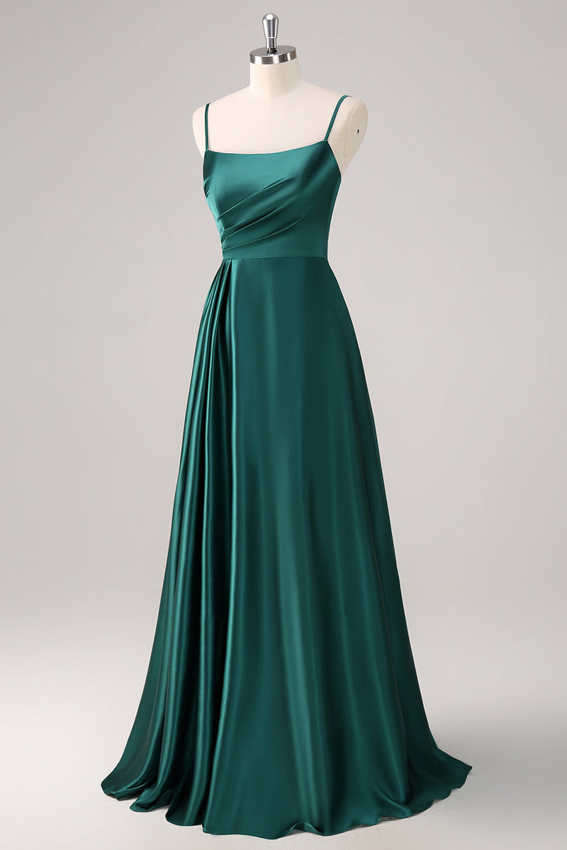 Load image into Gallery viewer, Dark Green A-Line Spaghetti Straps Satin Ruched Long Bridesmaid Dress