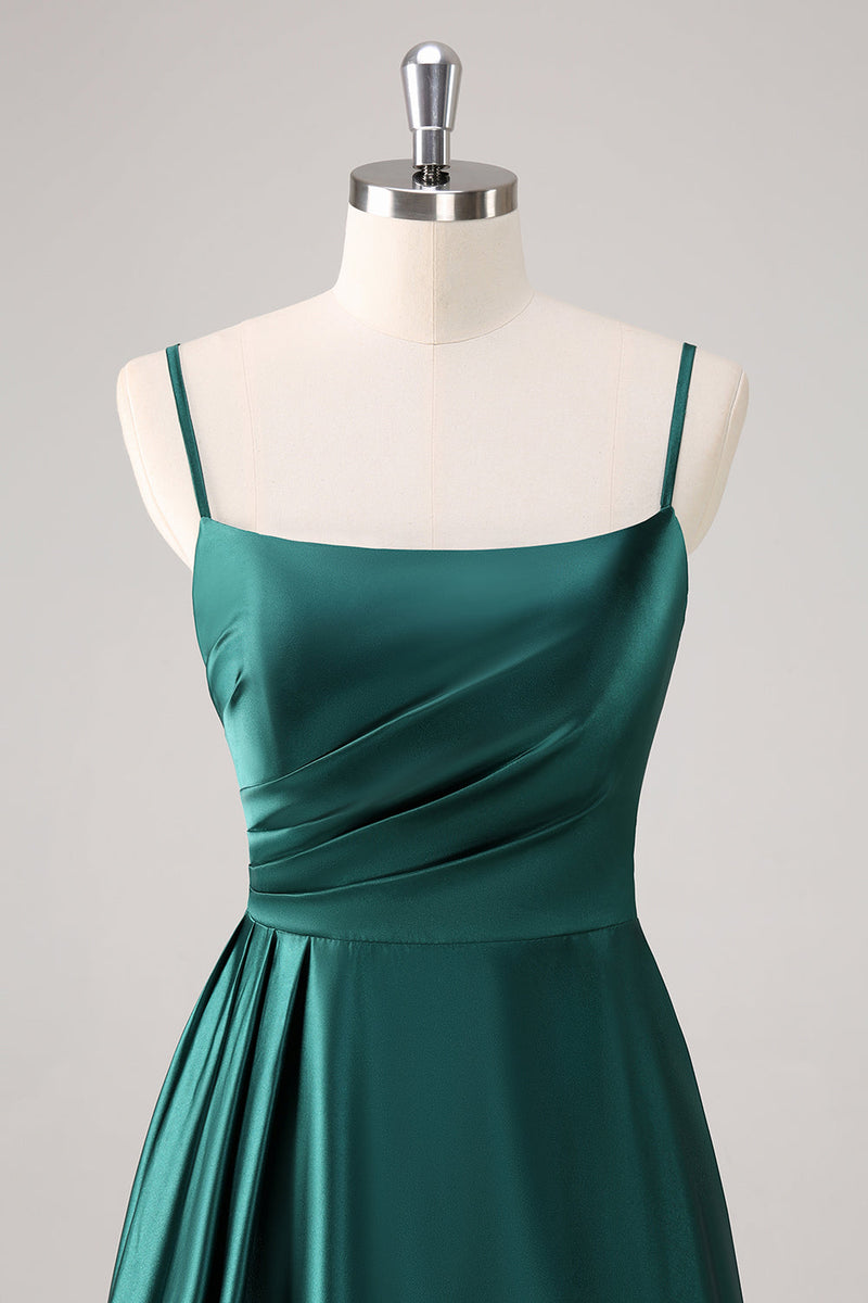 Load image into Gallery viewer, Dark Green A-Line Spaghetti Straps Satin Ruched Long Bridesmaid Dress