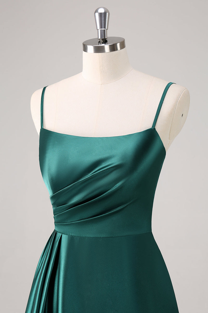 Load image into Gallery viewer, Dark Green A-Line Spaghetti Straps Satin Ruched Long Bridesmaid Dress