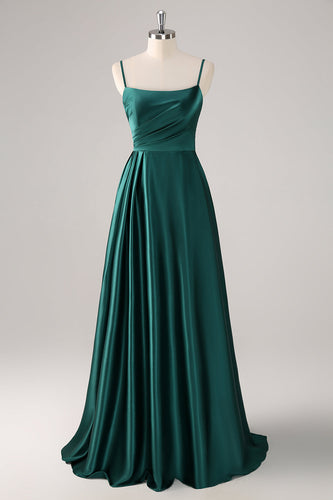 Dark Green A-Line Spaghetti Straps Satin Ruched Long Bridesmaid Dress