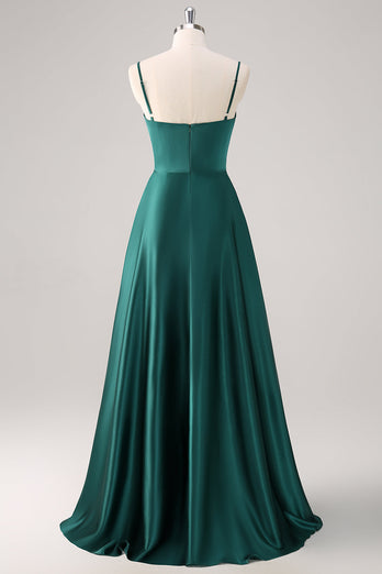 Dark Green A-Line Spaghetti Straps Satin Ruched Long Bridesmaid Dress