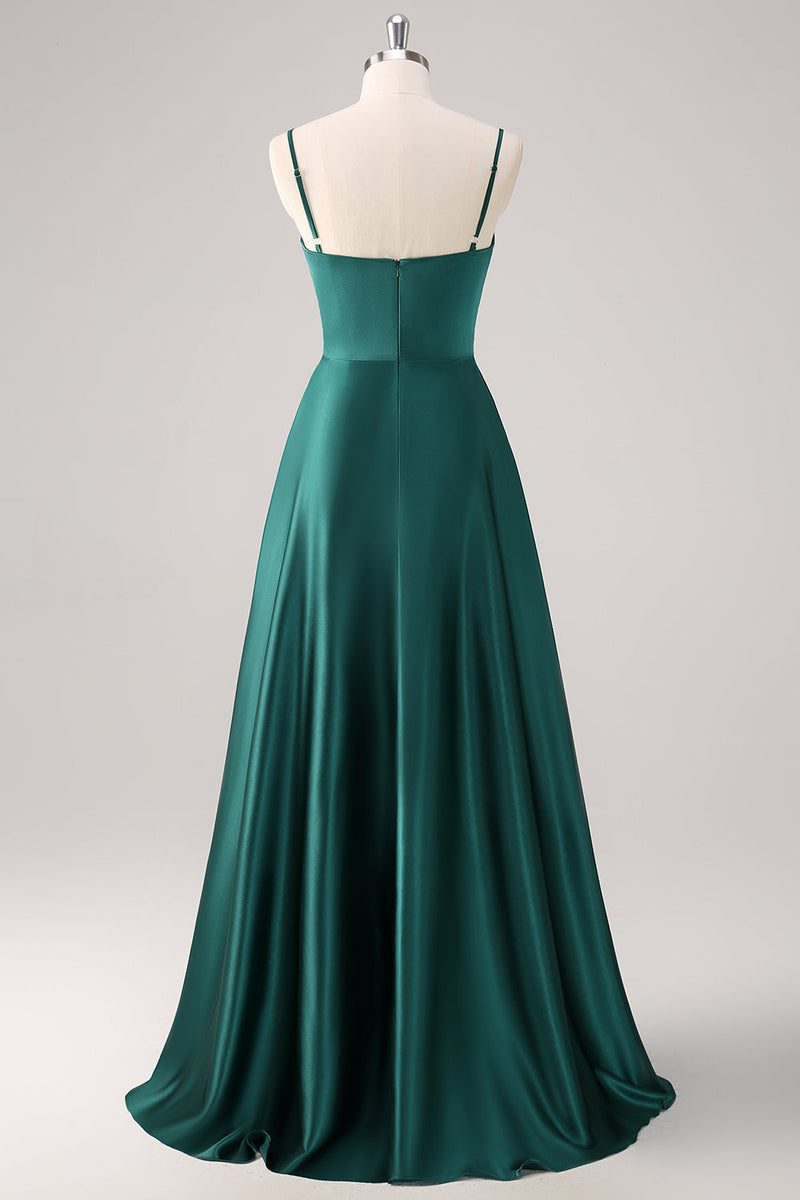 Load image into Gallery viewer, Dark Green A-Line Spaghetti Straps Satin Ruched Long Bridesmaid Dress