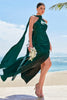 Load image into Gallery viewer, Dark Green Mermaid Halter Satin Long Bridesmaid Dress with Streamer