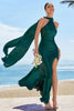 Load image into Gallery viewer, Dark Green Mermaid Halter Satin Long Bridesmaid Dress with Streamer