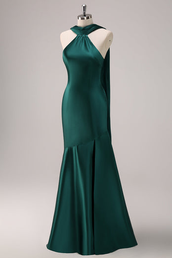 Dark Green Halter Satin Mermaid Bridesmaid Dress