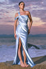 Load image into Gallery viewer, Elegant Sky Blue Sheath Cold Shoulder Pleated Satin Long Bridesmaid Dress with Slit