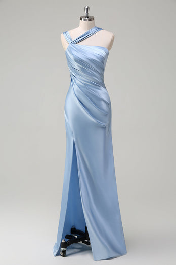 Elegant Sky Blue Sheath Cold Shoulder Pleated Satin Long Bridesmaid Dress with Slit