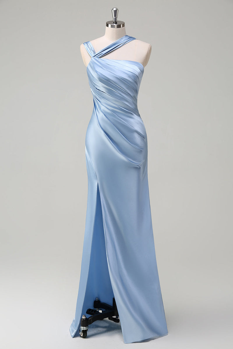 Load image into Gallery viewer, Elegant Sky Blue Sheath Cold Shoulder Pleated Satin Long Bridesmaid Dress with Slit