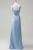 Load image into Gallery viewer, Elegant Sky Blue Sheath Cold Shoulder Pleated Satin Long Bridesmaid Dress with Slit