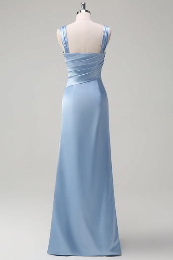 Elegant Sky Blue Sheath Cold Shoulder Pleated Satin Long Bridesmaid Dress with Slit