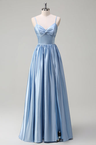 Sky Blue Spaghetti Straps A Line Long Bridesmaid Dress