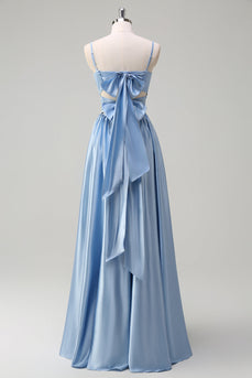 Sky Blue Spaghetti Straps A Line Long Bridesmaid Dress