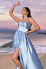 Load image into Gallery viewer, Sky Blue A-Line Spaghetti Straps Ruched Split Long Bridesmaid Dress with Lace Up Back