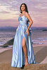 Load image into Gallery viewer, Sky Blue A-Line Spaghetti Straps Ruched Split Long Bridesmaid Dress with Lace Up Back