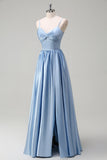 Sky Blue Spaghetti Straps A Line Long Bridesmaid Dress