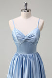 Sky Blue Spaghetti Straps A Line Long Bridesmaid Dress