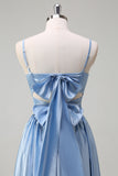 Sky Blue Spaghetti Straps A Line Long Bridesmaid Dress