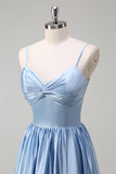 Sky Blue Spaghetti Straps A Line Long Bridesmaid Dress