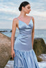 Load image into Gallery viewer, Sky Blue A-Line Spaghetti Straps Backless Satin Long Bridesmaid Dress