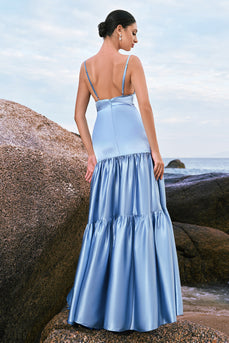 Sky Blue A-Line Spaghetti Straps Backless Satin Long Bridesmaid Dress