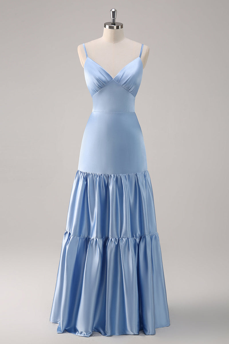 Load image into Gallery viewer, Sky Blue A-Line Spaghetti Straps Backless Satin Long Bridesmaid Dress