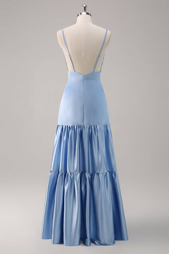 Sky Blue A-Line Spaghetti Straps Backless Satin Long Bridesmaid Dress