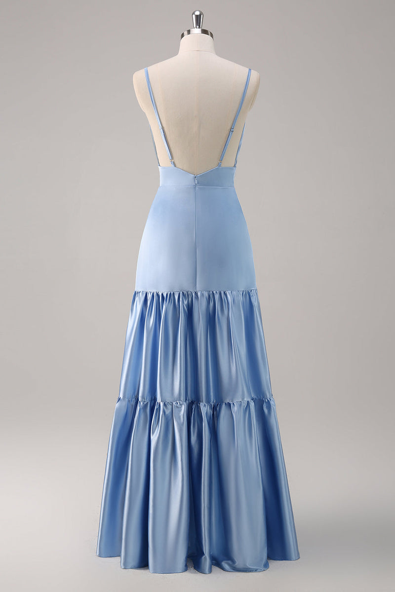 Load image into Gallery viewer, Sky Blue A-Line Spaghetti Straps Backless Satin Long Bridesmaid Dress