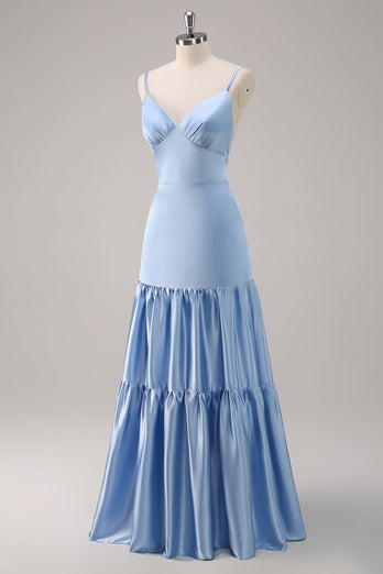 Sky Blue A-Line Spaghetti Straps Satin Long Bridesmaid Dress