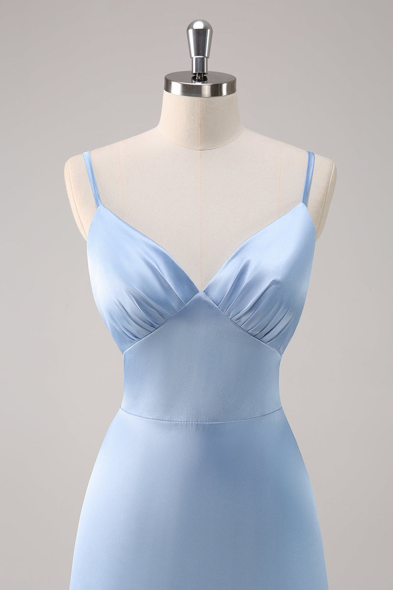 Load image into Gallery viewer, Sky Blue A-Line Spaghetti Straps Satin Long Bridesmaid Dress