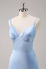 Load image into Gallery viewer, Sky Blue A-Line Spaghetti Straps Satin Long Bridesmaid Dress