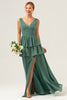 Load image into Gallery viewer, Eucalyptus A Line V Neck Corset Tiered Satin Long Bridesmaid Dress with Slit