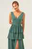 Load image into Gallery viewer, Eucalyptus A Line V Neck Corset Tiered Satin Long Bridesmaid Dress with Slit