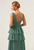 Load image into Gallery viewer, Eucalyptus A Line V Neck Corset Tiered Satin Long Bridesmaid Dress with Slit