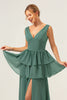 Load image into Gallery viewer, Eucalyptus A Line V Neck Corset Tiered Satin Long Bridesmaid Dress with Slit