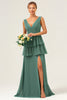 Load image into Gallery viewer, Eucalyptus A Line V Neck Corset Tiered Satin Long Bridesmaid Dress with Slit