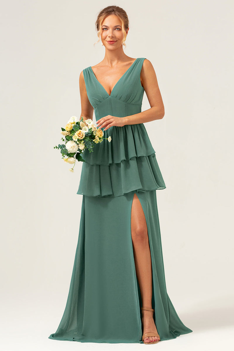 Load image into Gallery viewer, Eucalyptus A Line V Neck Corset Tiered Satin Long Bridesmaid Dress with Slit