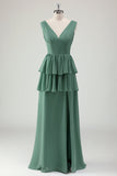 Eucalyptus A Line V Neck Corset Tiered Satin Long Bridesmaid Dress with Slit