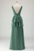 Load image into Gallery viewer, Eucalyptus A Line V-Neck Ruffled Long Bridesmaid Dress with Slit