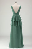 Eucalyptus A Line V Neck Corset Tiered Satin Long Bridesmaid Dress with Slit