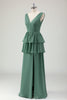 Load image into Gallery viewer, Eucalyptus A Line V-Neck Ruffled Long Bridesmaid Dress with Slit