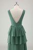 Load image into Gallery viewer, Eucalyptus A Line V-Neck Ruffled Long Bridesmaid Dress with Slit