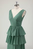 Load image into Gallery viewer, Eucalyptus A Line V-Neck Ruffled Long Bridesmaid Dress with Slit