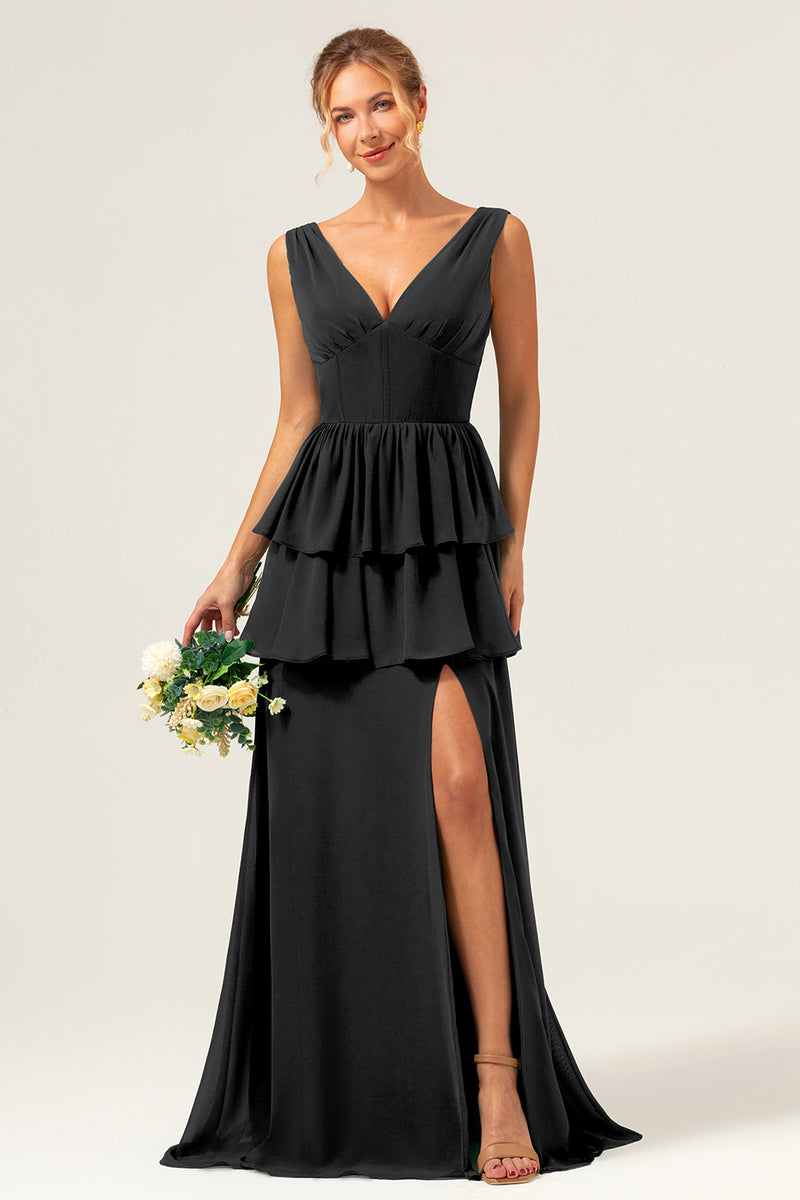 Load image into Gallery viewer, Eucalyptus A Line V Neck Corset Tiered Satin Long Bridesmaid Dress with Slit