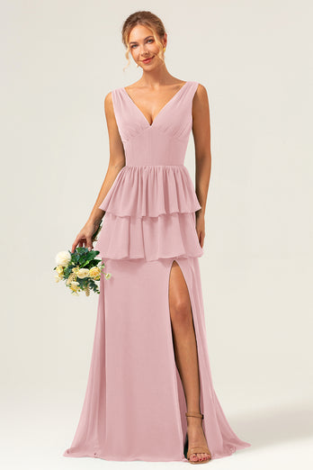 Eucalyptus A Line V Neck Corset Tiered Satin Long Bridesmaid Dress with Slit