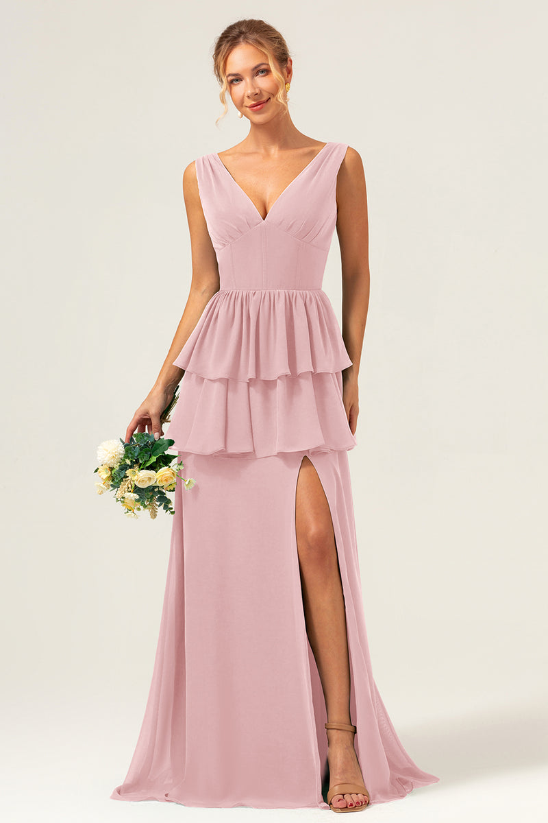 Load image into Gallery viewer, Eucalyptus A Line V Neck Corset Tiered Satin Long Bridesmaid Dress with Slit